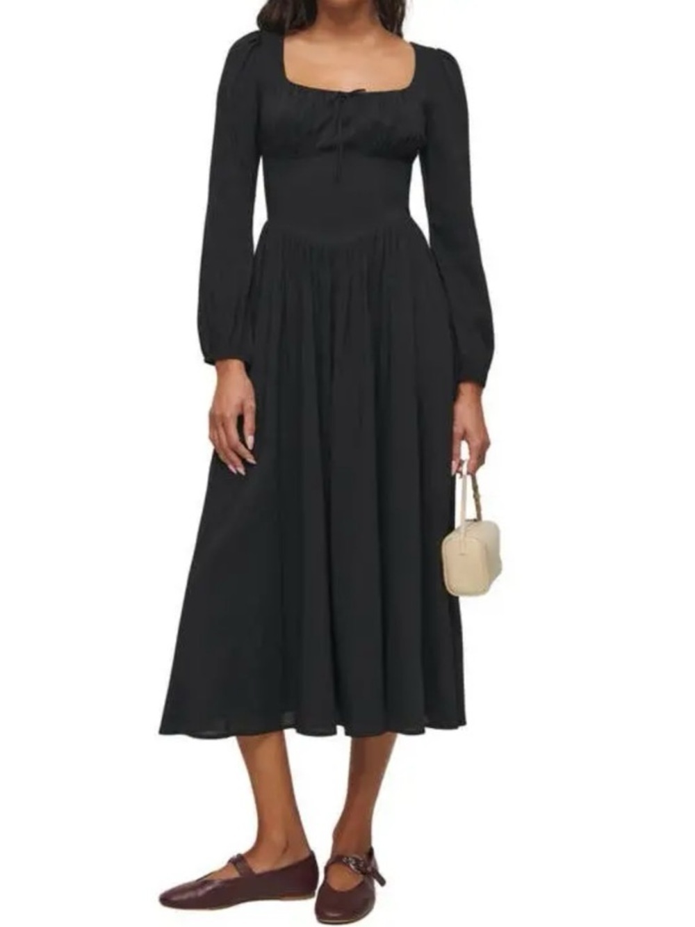 Reformation Oria Organic Cotton Black Long-Sleeve Midi Dress Size 4